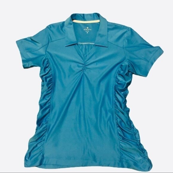 Athleta Womens Birdie Blue Polo Shirt Athletic Golf UPF 50 Rouched Sides Size M - Picture 10 of 13